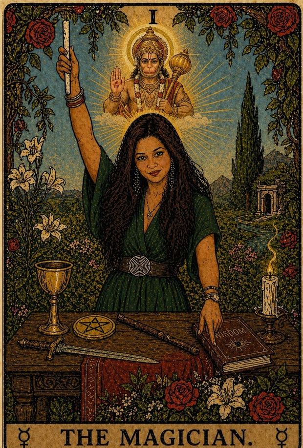The Magician tarot card illustrated with Hanuman above